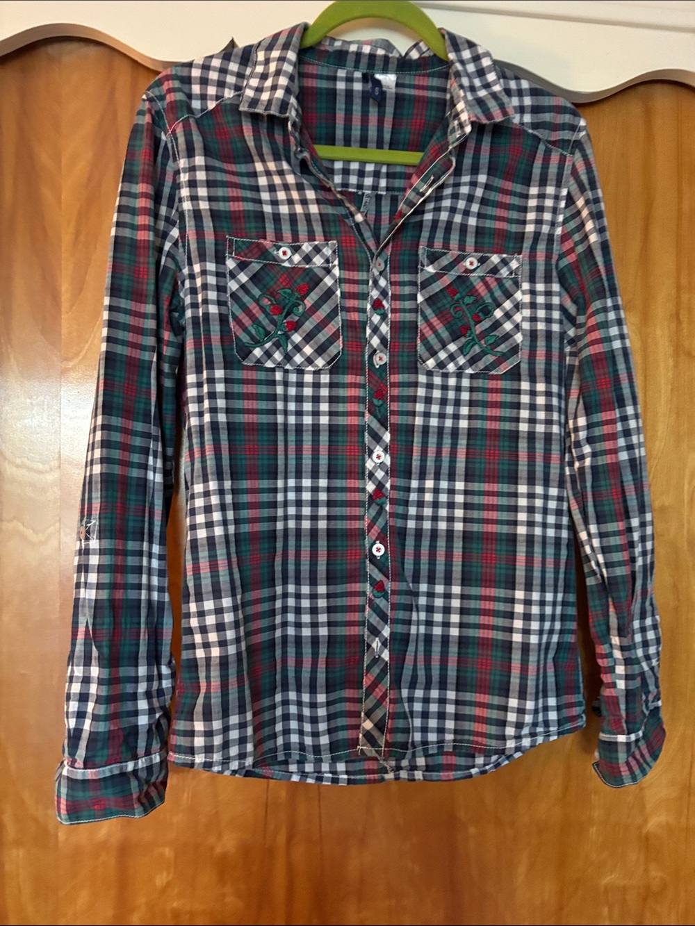 Plaid Button-Up Shirt with embroidery- Green/Red/White/blue